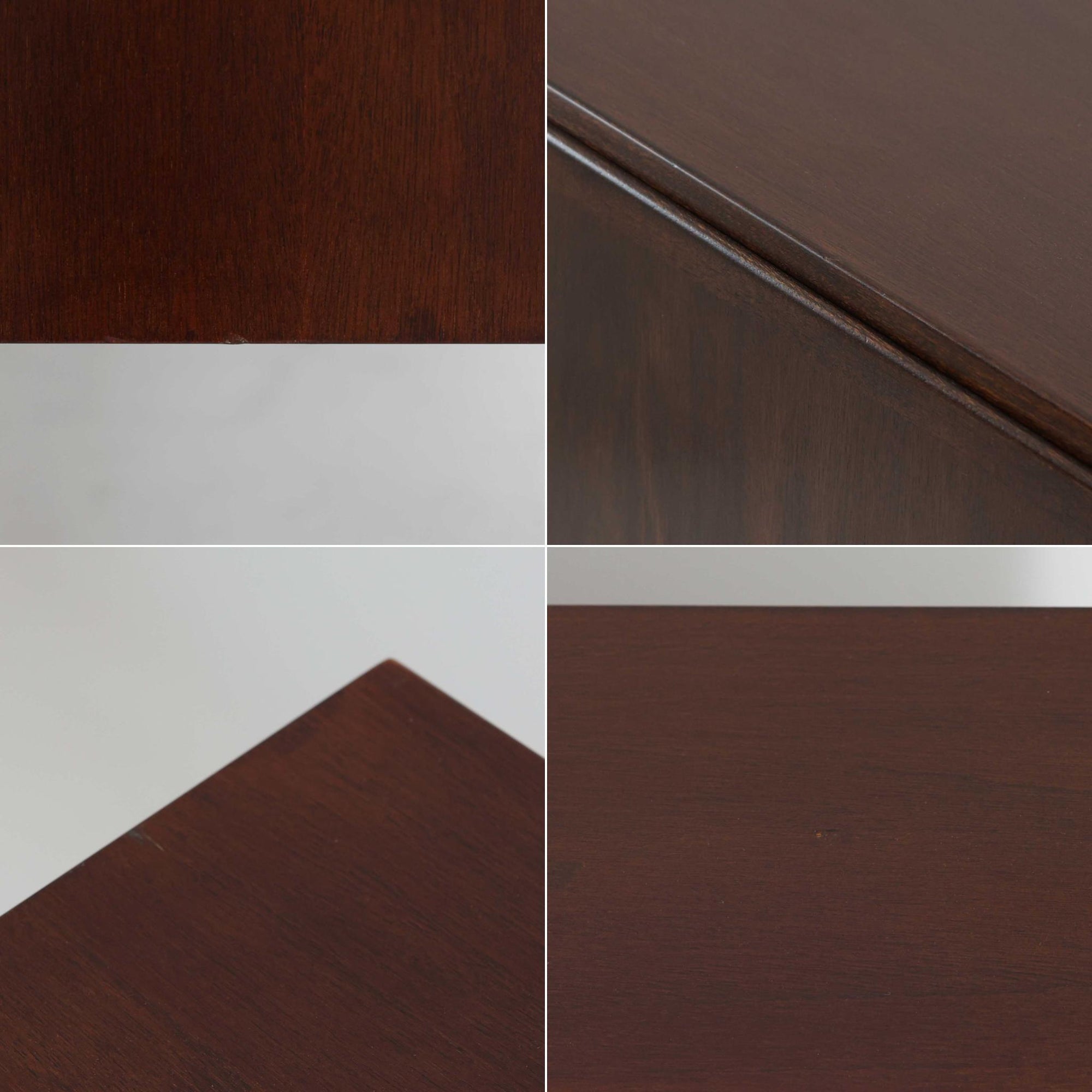 Ole Wanscher（オーレ・ヴァンシャー）がデザインし、P.Jeppesen社より製造された「Rungstedlund」キャビネットです。端正な直線構成と細く伸びた脚部が特徴で、マホガニー材特有の深い色調と気品ある木目が空間に落ち着きをもたらします。内部は棚板とトレイが効率よく配置され、食器から書類収納まで幅広く活用可能。上質な素材使いと精巧な造り込みはヴァンシャー作品ならではで、経年により全体に落ち着いた色調へと変化しており、現地デンマークのオークションで入手した確かな出自を持つ個体です。