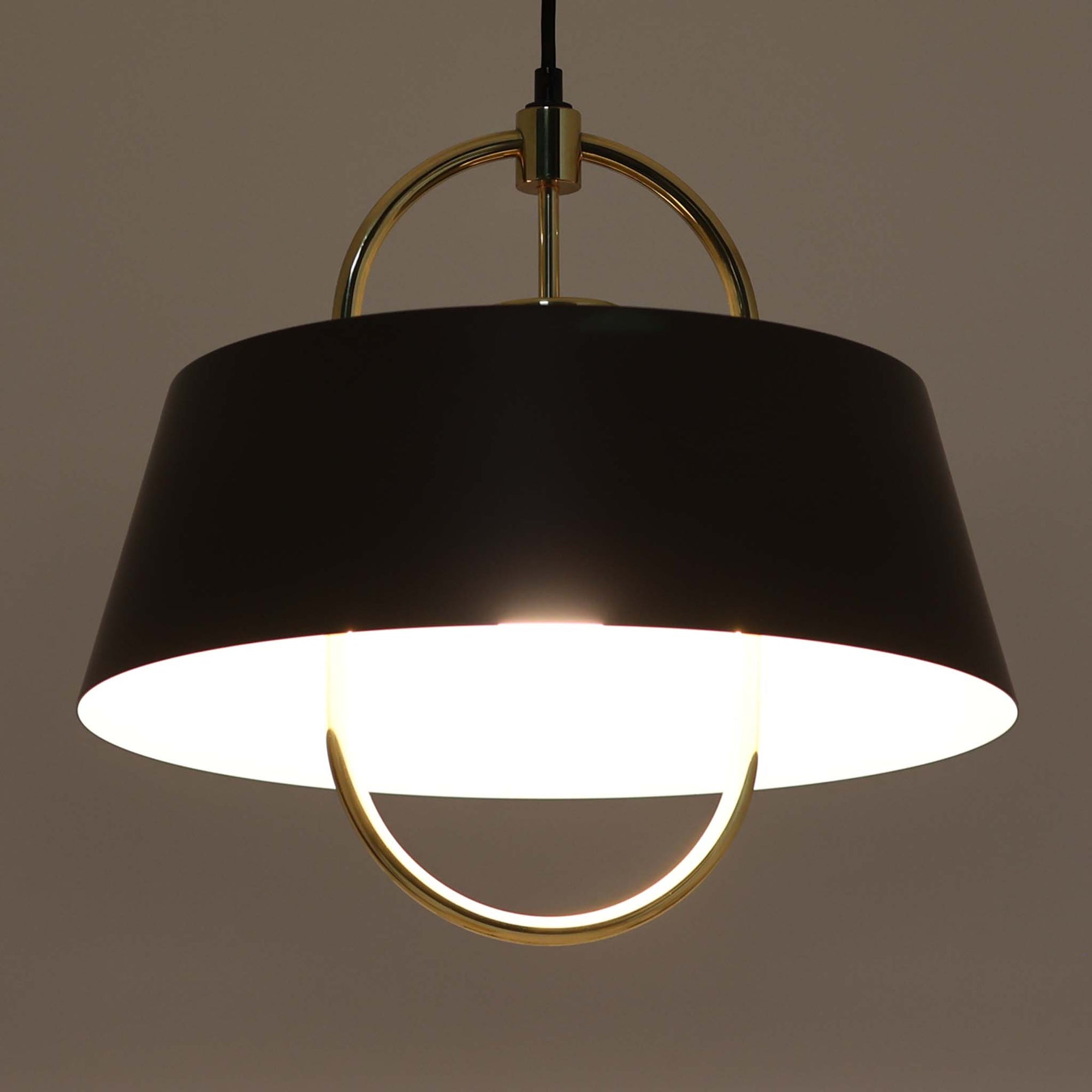 Jo HammerborgがFog &amp; Morup社のためにデザインした「Hercules」ペンダントライトです。直径42cmのサイズで、落ち着いたブラウンのアルミシェードに真鍮製のアーチが美しく組み合わさったデザインが特徴です。点灯時にはシェードの下方から柔らかな光を広げるとともに、真鍮の輝きが上品なアクセントとなり、空間をモダンかつ華やかに演出します。ダイニングやリビングのメイン照明として存在感を放ち、北欧ビンテージならではの独特な雰囲気を楽しめる逸品です。