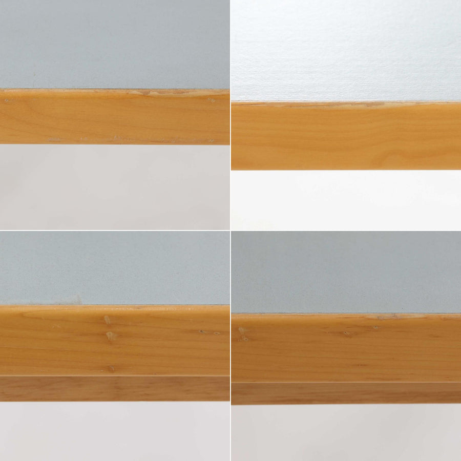 Alvar AaltoがデザインしArtek社より製造されたこちらのダイニングテーブルは、天板に落ち着いたグレートーンのリノリウム、脚部に美しい木肌のバーチ材を用いた北欧モダンデザインの名作で、L字型に曲げられた脚部がアアルトらしい柔らかな造形美を感じさせます。幅120cmの使い勝手のよいサイズ感で、ダイニングやワークスペースにもしっくりと馴染み、機能美と素材感のバランスに優れた一台です。