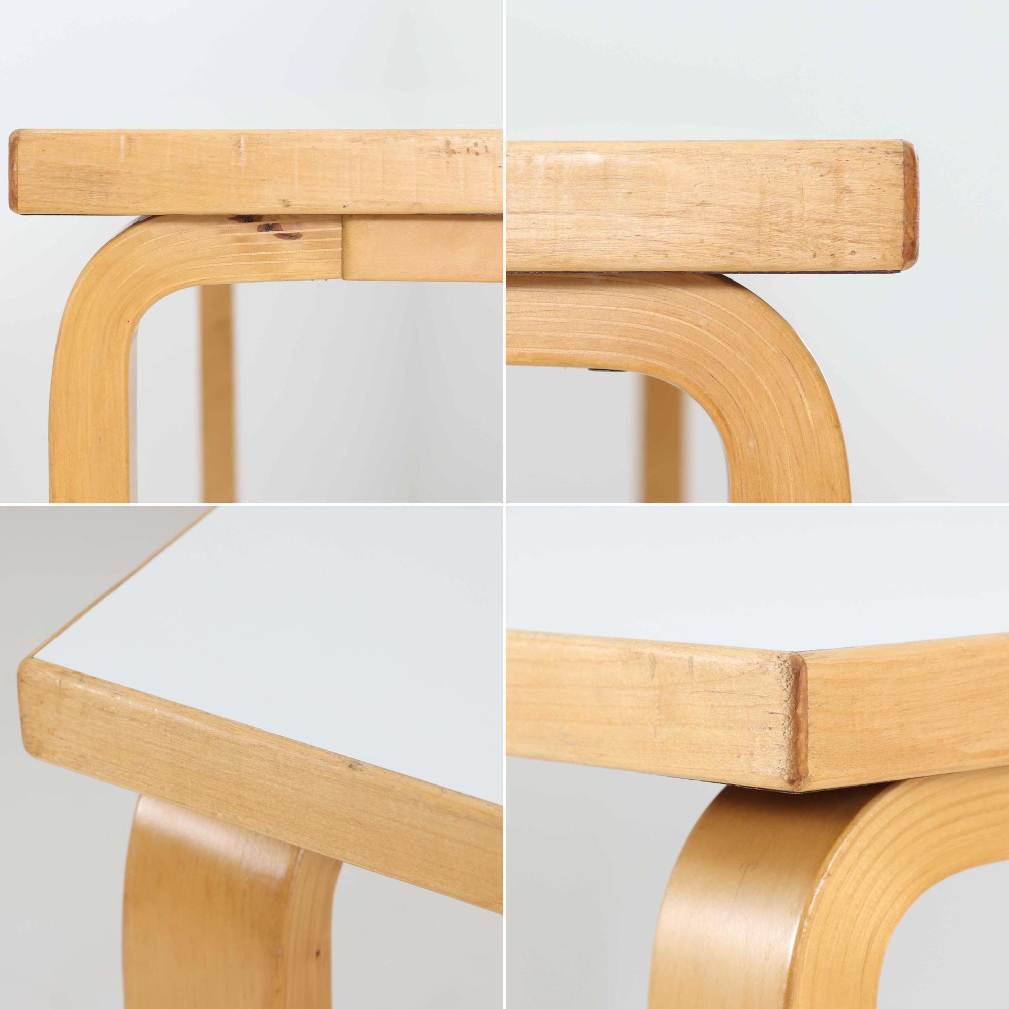 Alvar AaltoがデザインしArtek社より製造されたこちらのダイニングテーブルは、フィンランドモダニズムを象徴する一本。バーチ材の脚部に柔らかくカーブを描くLレッグ構造が取り入れられ、軽やかでありながらも高い強度を実現しています。天板は実用性に優れたホワイトラミネート仕上げで、幅150cmのゆとりあるサイズは家族での食卓やワークスペースにも最適です。幕板の一部に交換がありますが、アアルト製品が多く採用されていたデンマークの公共施設で丁寧に使用されていた個体です。