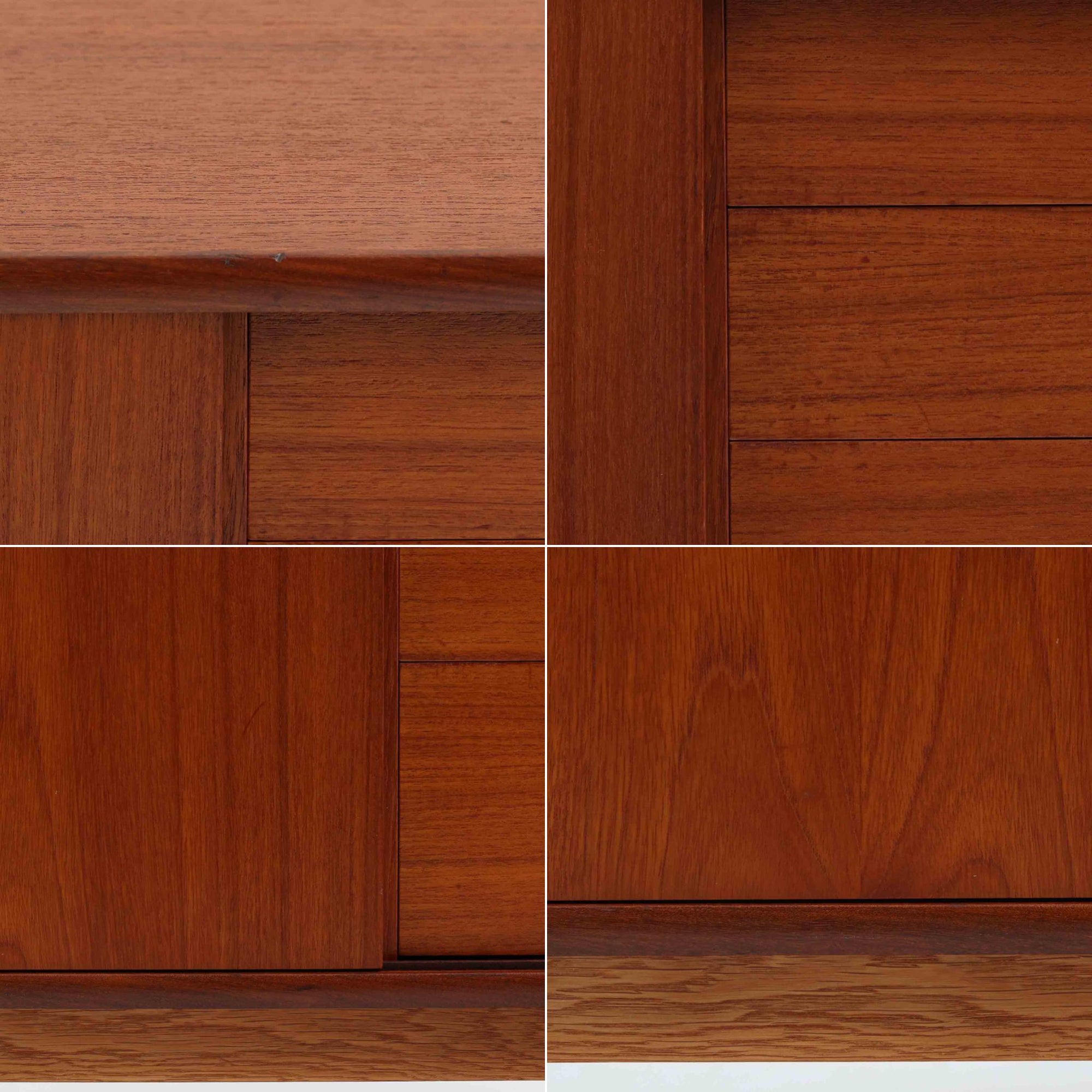 チーク材とオーク材を組み合わせて作られたスウェーデン製のディスプレイシェルフです。幅90cmと使いやすいサイズ感で、上部の棚には本やオブジェを、下部の引き戸と引き出しには日用品を収納できる実用性の高い構成となっています。滑らかな木肌や丁寧な造りには職人技が感じられ、経年により深みを増した木の風合いが空間に温かみをもたらします。リビングやダイニングはもちろん、書斎や寝室の収納兼ディスプレイとしても活躍する、北欧ビンテージ家具らしいシンプルかつ機能的な一台です。