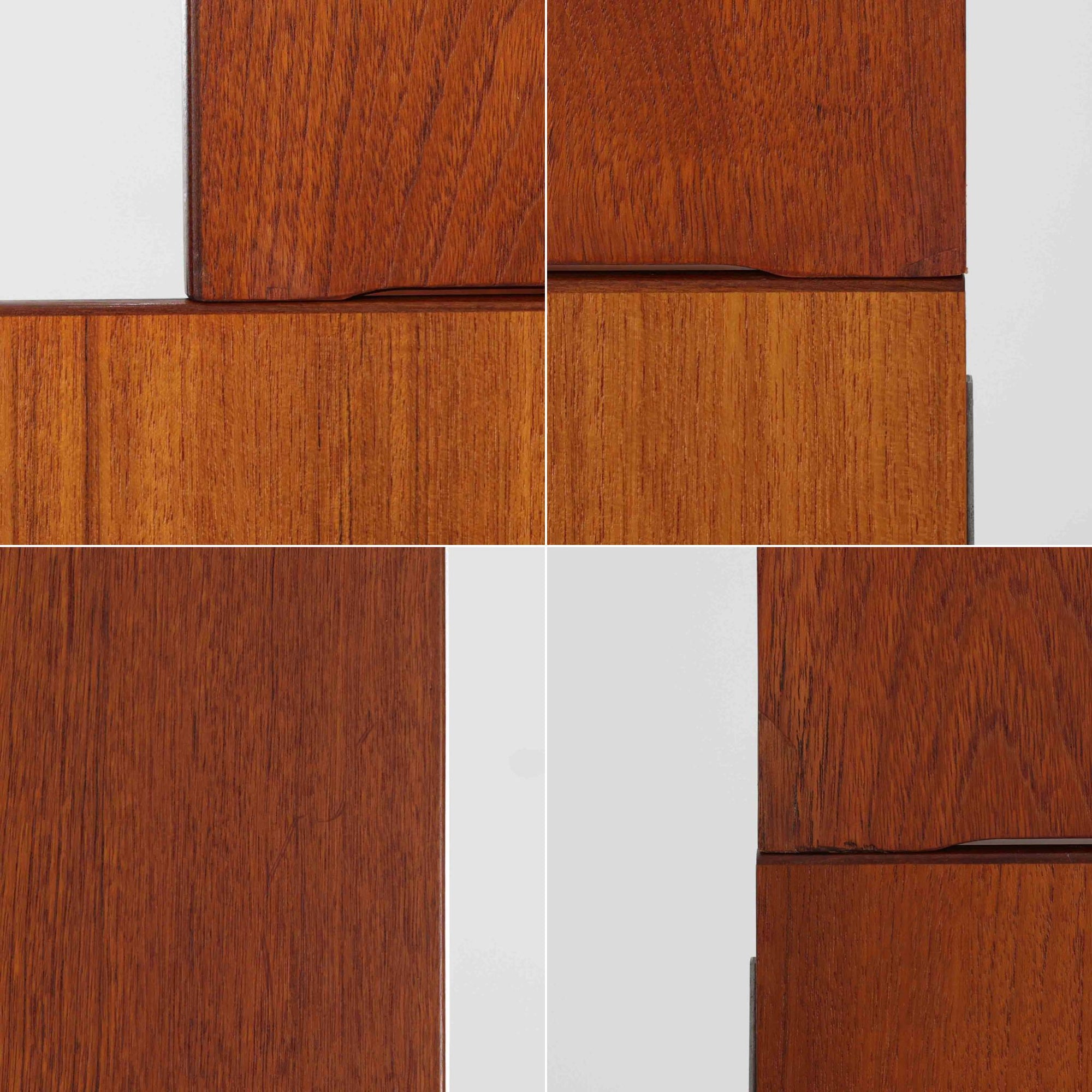 スウェーデン製のディスプレイシェルフです。上段には3段のオープンシェルフが設けられ、本や雑貨、オブジェなどを美しくディスプレイできます。下段にはスライド扉収納が備わり、内部の棚板によって整理しやすく、見せたくない収納にも便利です。チーク材の温もりある木目と、丸い掘り込み取っ手の柔らかなデザインが印象的で、北欧家具らしい穏やかな雰囲気を演出します。背面のグリーンの化粧板が空間に個性を添え、飾るアイテムをより際立たせます。本体にはチーク材、脚部にはオーク材が使用されており、素材のコントラストも魅力のひとつです。下段収納部の棚板にわずかな反りがありますが、裏返して使用することで目立たなくなります。軽やかな佇まいと実用性を兼ね備えた、北欧ビンテージらしい一台です。