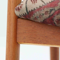 北欧より買い付けました。ハーフアームが特徴的なKai KristiansenデザインのNo42チェアは、デスクやダイニングテーブルに綺麗に収納する事が出来ます。現在復刻品が出ておりますが、チーク材フレームは復刻されておらず、希少な商品です。座面と背もたれは、内部のウレタンを厚みのある物に交換後、新しい生地で張替えておりますので快適な座り心地です。