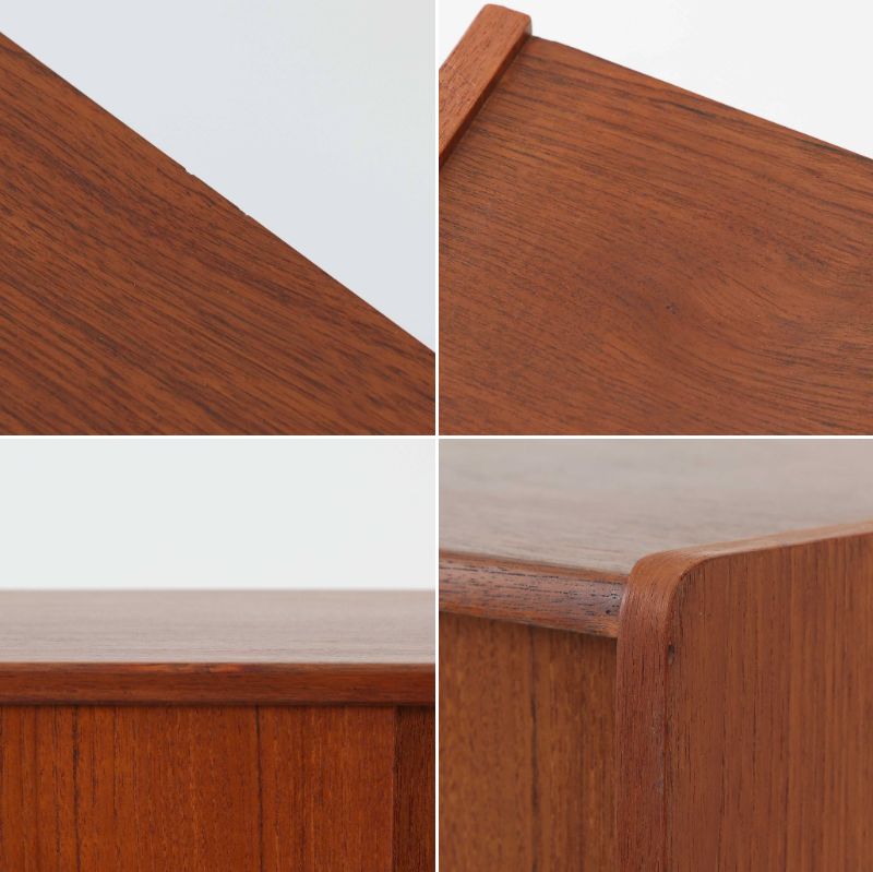 北欧ビンテージらしい端正な佇まいが魅力の小ぶりなボードです。深みのある色合いが美しいチーク材が用いられ、木目の表情と経年変化による艶感が空間に落ち着きを与えます。引き戸仕様の扉は前後にスペースを取らず、限られた空間でも扱いやすい構造です。内部には棚板を備え、食器や書類、小物類まですっきりと収納可能。幅80cmのコンパクトなサイズ感は、リビングのサブ収納や玄関、書斎など多用途に活躍し、北欧家具ならではの実用性と素材の良さを感じさせる一台です。