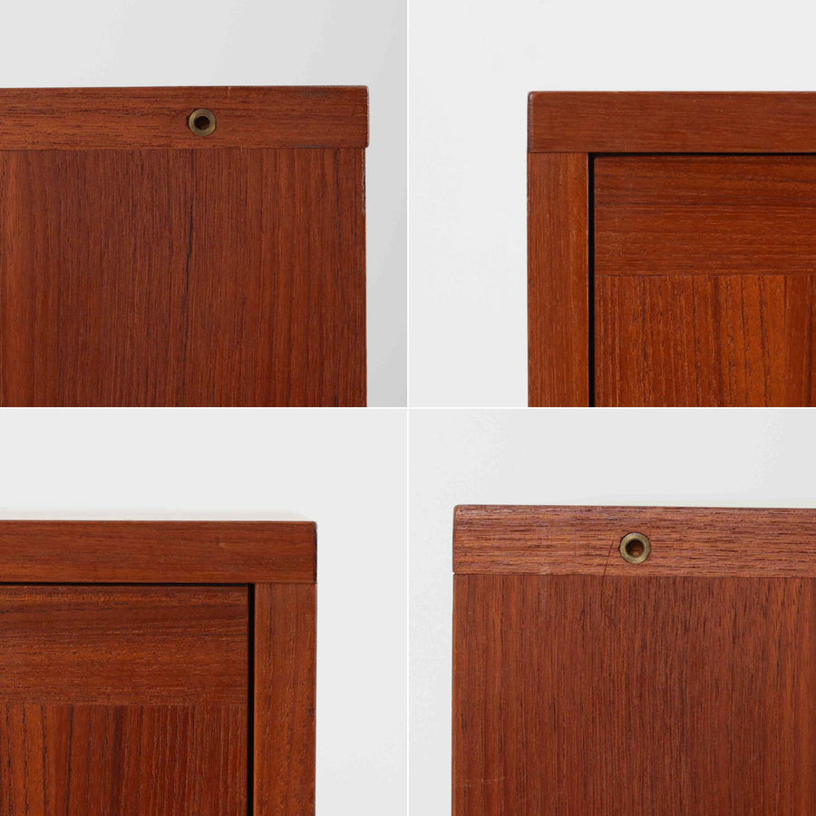 スウェーデンのデザイナー、カール・ヨハンソンによるデザイン、Bogaryds Mobler社製のチークキャビネットです。直線的なフォルムの中に、角の丸みや丁寧に仕上げられた框扉が柔らかさを添えています。チーク材の深みある色合いと美しい木目が上質な印象を与え、脚部を備えた軽快なデザインは空間に圧迫感を与えません。内部は棚板付きで収納力も高く、リビングや書斎など多用途に活躍する北欧ビンテージ家具です。