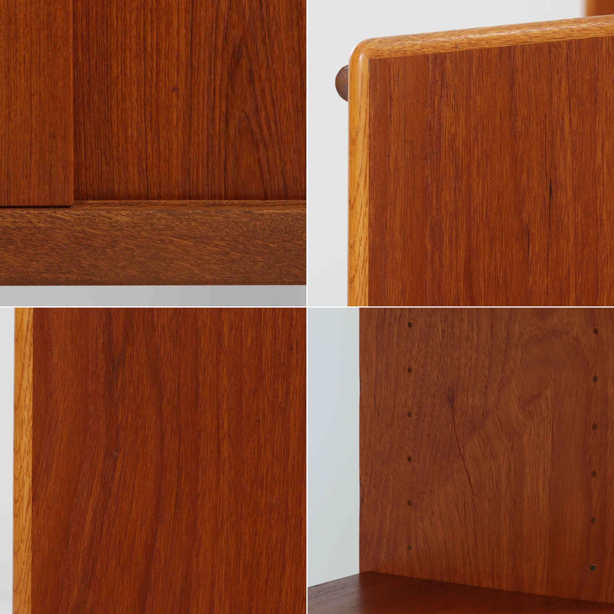 こちらのディスプレイシェルフは、チーク材とオーク材を組み合わせた柔らかなコントラストが魅力の北欧ビンテージ家具で、上部には奥行きの浅い棚板を2段備えた軽やかなディスプレイスペースに加えて天板部には引き棚が設けられており、雑貨や植物、本のレイアウトを楽しみながら作業スペースとしても活用でき、下部のスライド扉収納によって見せる収納と隠す収納を両立できるほか、細身の脚部が全体に浮遊感を与えて空間を圧迫しないバランスの良いデザインに仕上がっており、経年で深まった木肌の温もりも相まってリビングやダイニング、玄関周りにも取り入れやすい一台です。