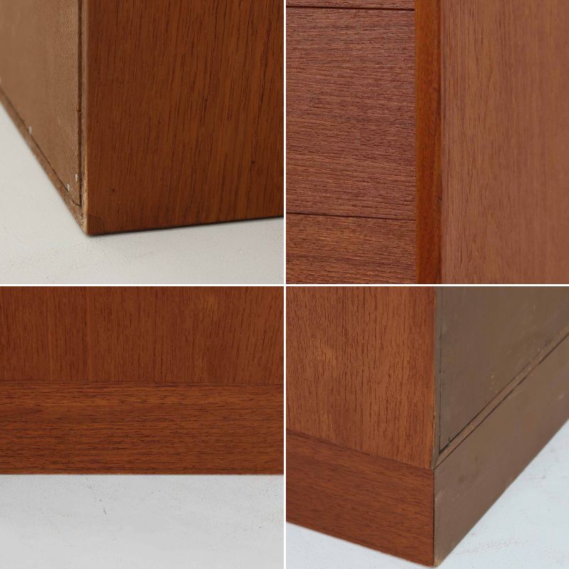 Nils Jonssonがデザインし、Hugo Troedsより発表されたモデルDomi 13のディスプレイシェルフです。チーク材の美しい木目と温かみのある色合いが空間に上質な北欧らしさをもたらします。上段・中段・下段のセクション構造で、それぞれを分けて使用できる柔軟な設計も魅力。下段は右側に引き出し、左側に高さ調整可能な棚を備え、実用性にも優れています。削り出しの取っ手や端正なフレームラインに職人技が感じられ、経年により深みを増した風合いがビンテージならではの存在感を放つ一品です。