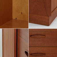 Nils Jonssonがデザインし、Hugo Troedsより発表されたモデルDomi 13のディスプレイシェルフです。チーク材の美しい木目と温かみのある色合いが空間に上質な北欧らしさをもたらします。上段・中段・下段のセクション構造で、それぞれを分けて使用できる柔軟な設計も魅力。下段は右側に引き出し、左側に高さ調整可能な棚を備え、実用性にも優れています。削り出しの取っ手や端正なフレームラインに職人技が感じられ、経年により深みを増した風合いがビンテージならではの存在感を放つ一品です。