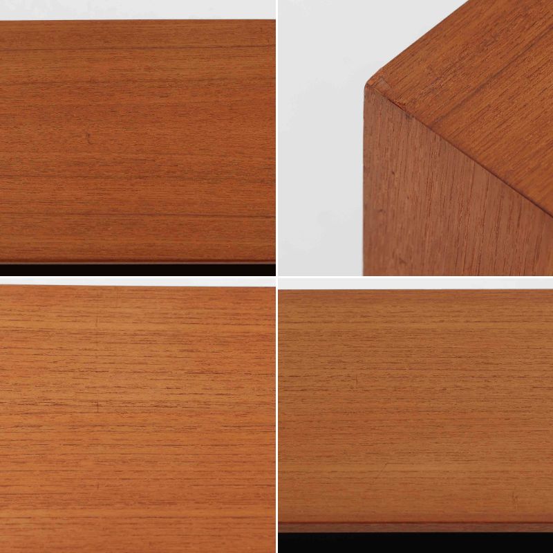 Nils Jonssonがデザインし、Hugo Troedsより発表されたモデルDomi 13のディスプレイシェルフです。チーク材の美しい木目と温かみのある色合いが空間に上質な北欧らしさをもたらします。上段・中段・下段のセクション構造で、それぞれを分けて使用できる柔軟な設計も魅力。下段は右側に引き出し、左側に高さ調整可能な棚を備え、実用性にも優れています。削り出しの取っ手や端正なフレームラインに職人技が感じられ、経年により深みを増した風合いがビンテージならではの存在感を放つ一品です。