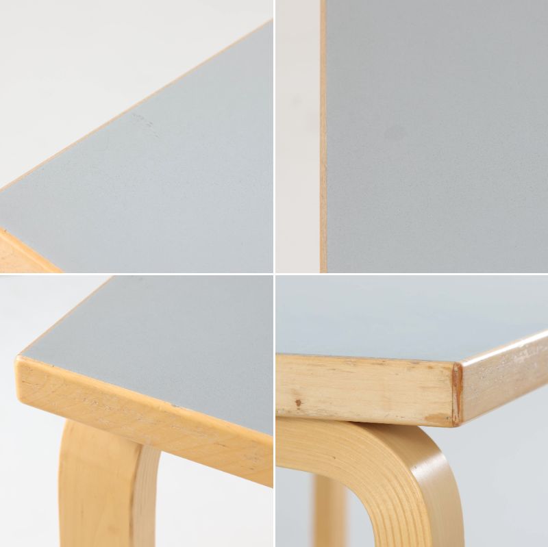 Alvar Aaltoがデザインし、Artekが製作したモデル81Aのダイニングテーブルです。バーチ材の柔らかな木肌とアアルトを象徴するLレッグの曲木構造に、落ち着いたリノリウム天板を組み合わせた、機能美あふれる北欧デザインの名作。幅150cmのゆとりあるサイズは4～6人でのダイニング使用に適しており、ワークスペースやミーティングテーブルとしても活躍します。経年により深みを増した木部の艶やかな風合いと、使い込まれた天板の味わいがビンテージならではの魅力を高め、Artekオリジナルならではの普遍的なデザイン性と希少性が空間に上質な存在感をもたらします。