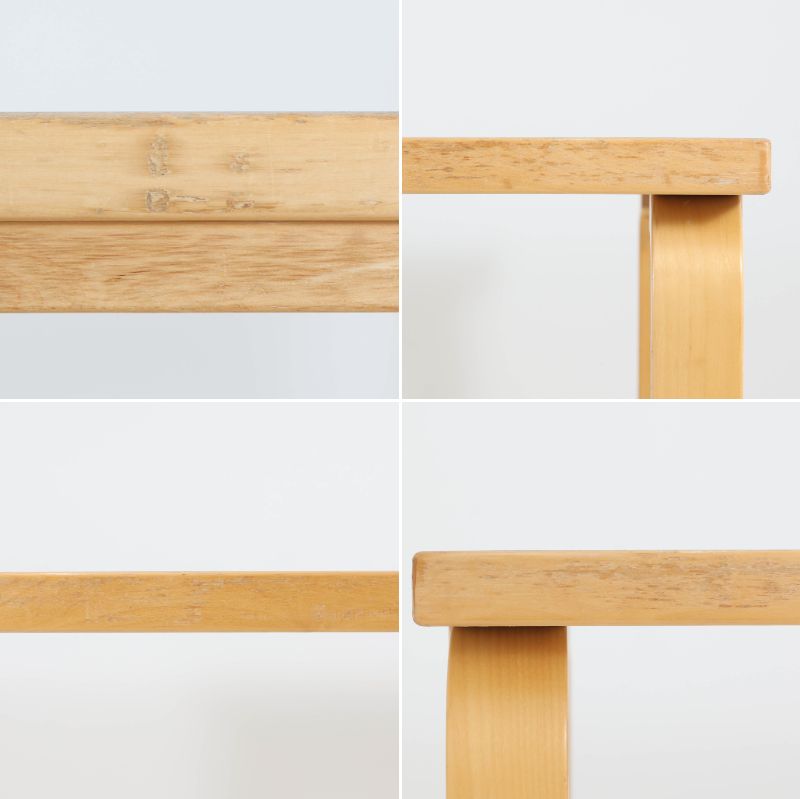 Alvar Aaltoがデザインし、Artekが製作したモデル81Aのダイニングテーブルです。バーチ材の柔らかな木肌とアアルトを象徴するLレッグの曲木構造に、落ち着いたリノリウム天板を組み合わせた、機能美あふれる北欧デザインの名作。幅150cmのゆとりあるサイズは4～6人でのダイニング使用に適しており、ワークスペースやミーティングテーブルとしても活躍します。経年により深みを増した木部の艶やかな風合いと、使い込まれた天板の味わいがビンテージならではの魅力を高め、Artekオリジナルならではの普遍的なデザイン性と希少性が空間に上質な存在感をもたらします。