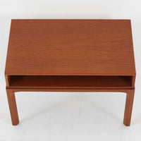 Kai Kristiansenがデザインし、Aksel Kjersgaardが手掛けたNo.383 サイドテーブルです。チーク材の美しい木目と経年により深みを増した色合いが魅力で、天板下に設けられたオープンスペースが軽やかな印象と実用性を兼ね備えています。脚部は内側に滑らかな曲線で接合されており、シンプルながらも洗練された構造美が際立つ一台。ソファサイドやベッドサイドでの使用はもちろん、雑誌や小物をすっきりと収める収納としても活躍します。北欧ビンテージならではの丁寧な木工技術と希少性を感じられる逸品です。