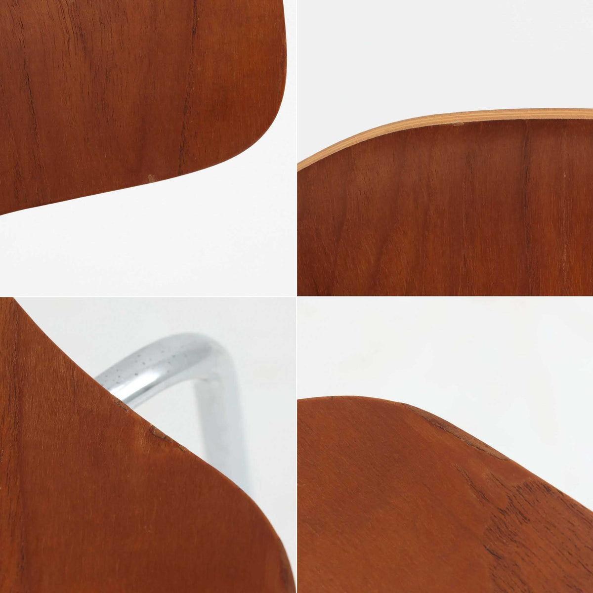 アルネ・ヤコブセンがデザインし、Fritz Hansenが製造した「T Chair」です。チーク材の成形合板による背座一体型のシェルは、背面上部を左右に広げた特徴的なシルエットと、身体に沿う緩やかな曲面が魅力。細身の金属脚との組み合わせが軽快で、ダイニングはもちろん、書斎や玄関のアクセントチェアにもおすすめです。美しい木目と時を重ねた風合い、合理的な構造に宿る北欧ビンテージらしい存在感を楽しめます。