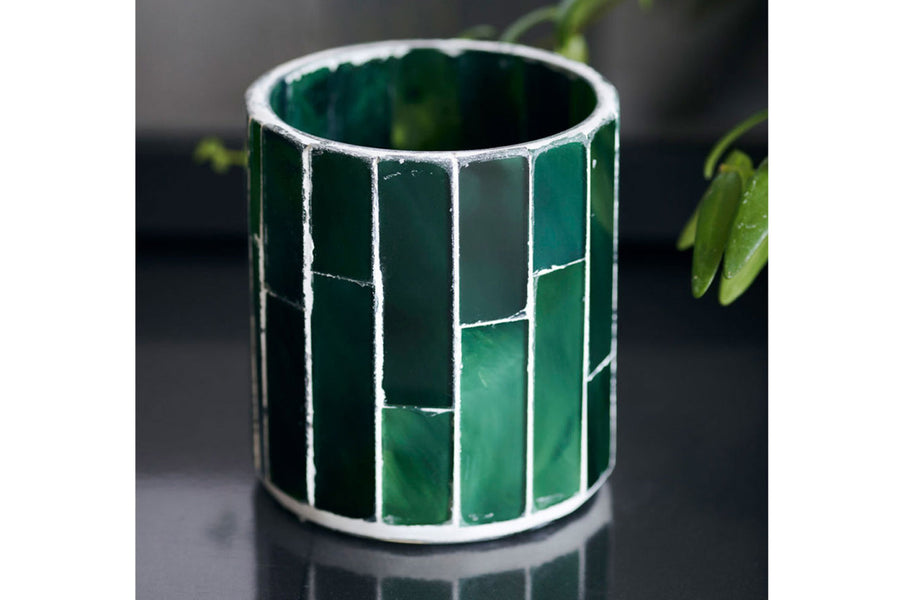 グリーンガラスのモザイク貼りティーライトキャンドルホルダー　Amroha