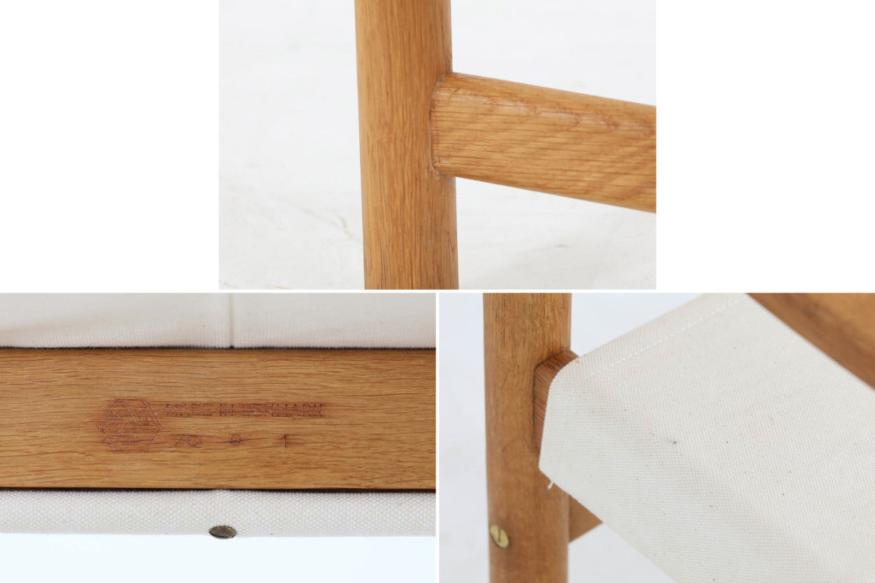 「Ditte&amp;amp;AdrianHeath」デザインのアームチェアです。オーク材とキャンバス生地の組み合わせで、背もたれの本革がデザインポイントになっています。