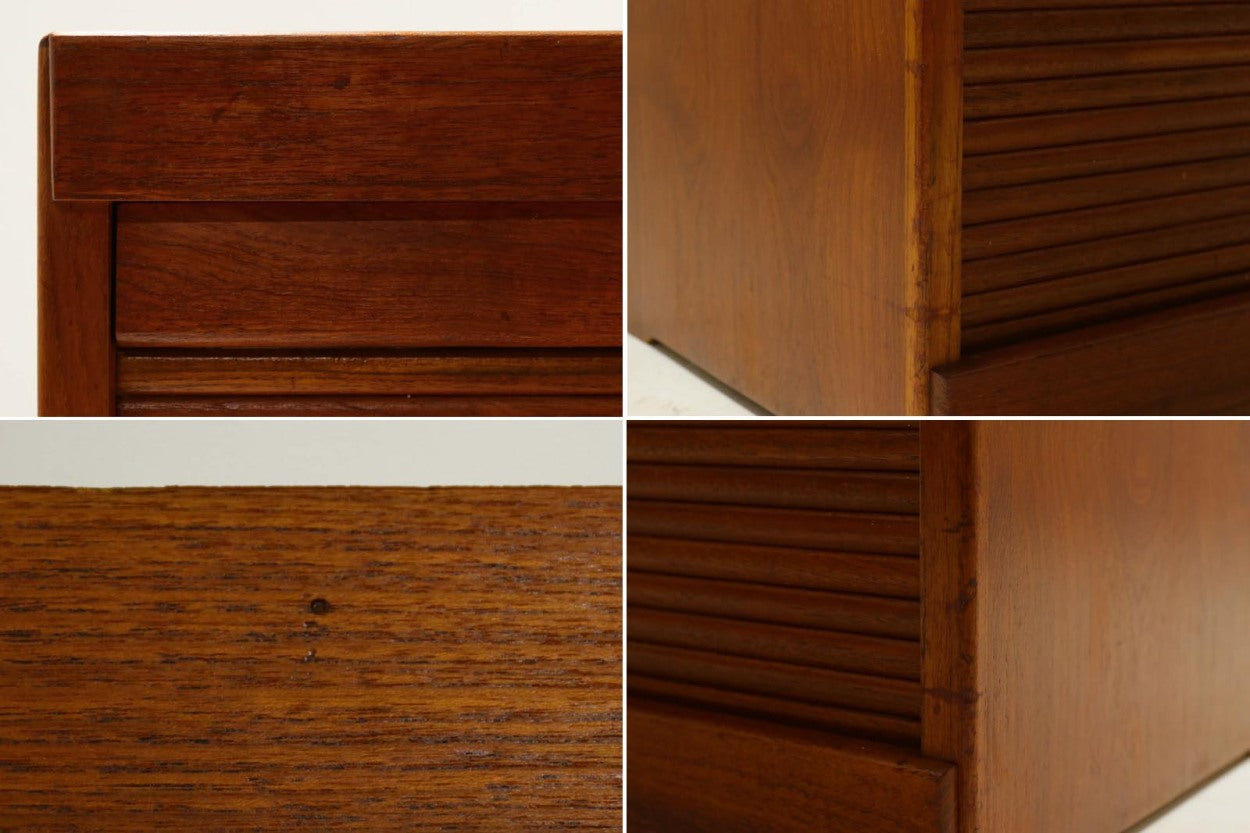 デンマーク製のキャビネットです。北欧家具らしい蛇腹式の扉が使用されています。引出も沢山ついていますので、使い勝手も良さそうです。チーク材が使用されていますので、明るめの色味も魅力的です。使用に伴う傷が見受けられますが、ビンテージ品ならではの雰囲気です。