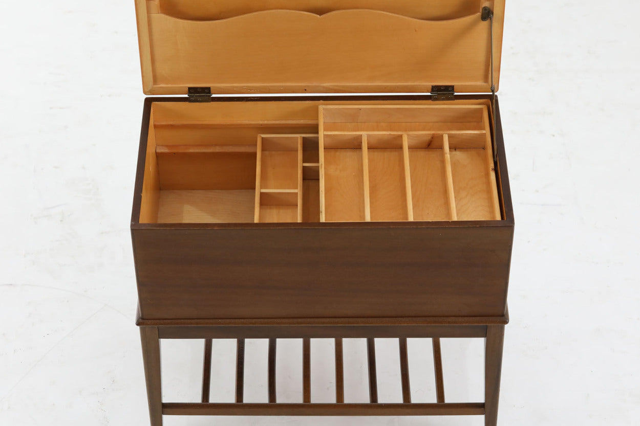 北欧より買い付けたソーイングテーブルです。本体には良質なマホガニー材が使用されています。天板を開けると使い勝手の良い収納部がございます。お部屋に置くだけで雰囲気を変えてくれそうです。