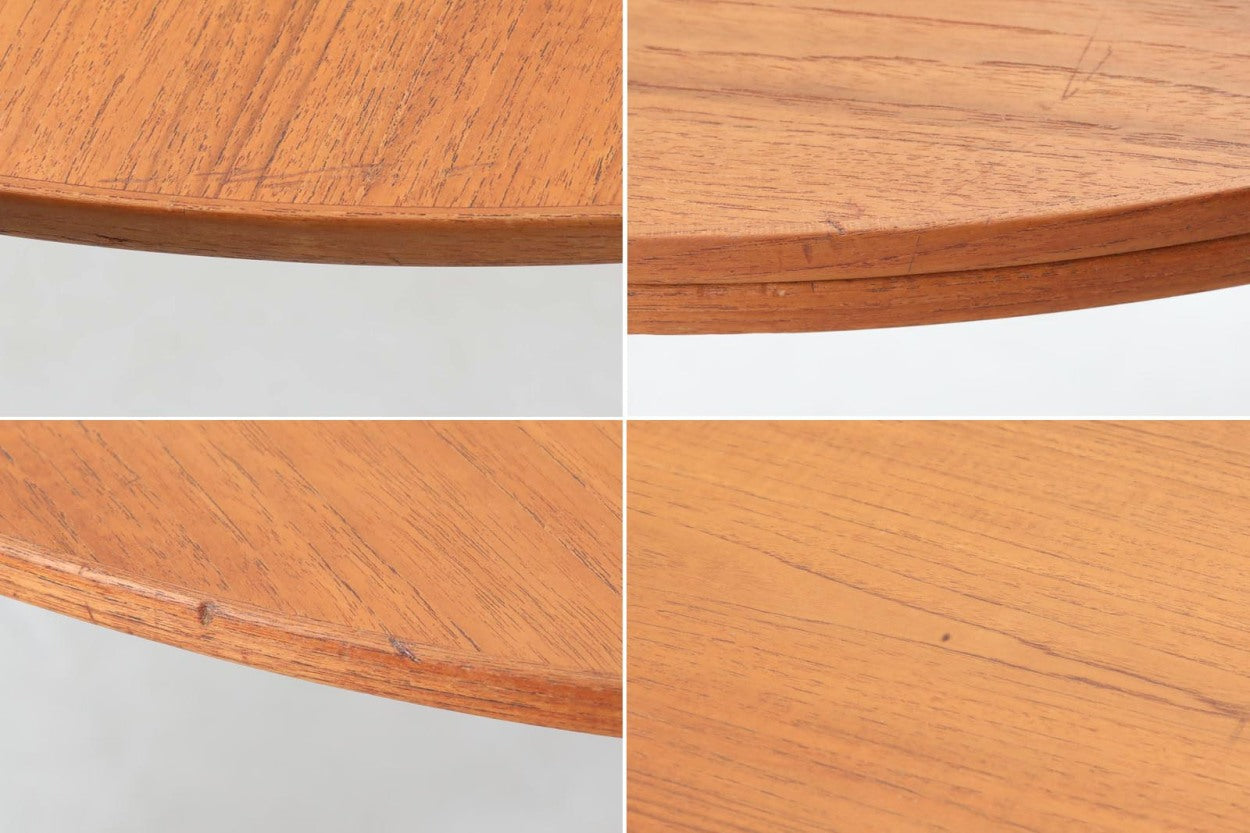 Poulm.Voltherによってデザインされたラウンドテーブルです。半円で使用する事も出来ますし、脚を引き出して天板を折り返すと円形のセンターテーブルとしてもご使用いただけます。脚部までチーク材が使用された生産数が少ないモデルです。デンマークのDesignmuseumにも記載されている希少な作品です。