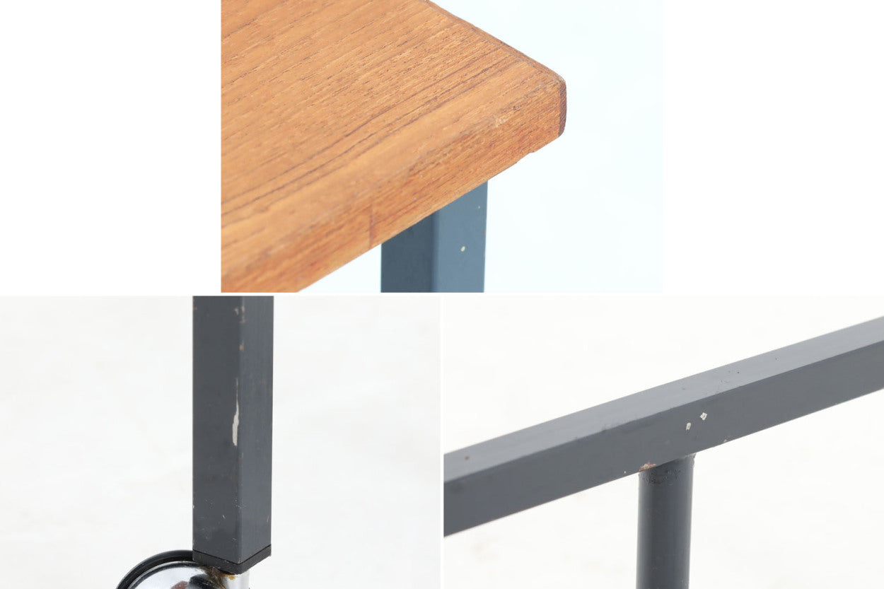 デンマークで買い付けました。天板の大きさは拡張出来、キャスターも付属していますので、使い勝手が良さそうです。