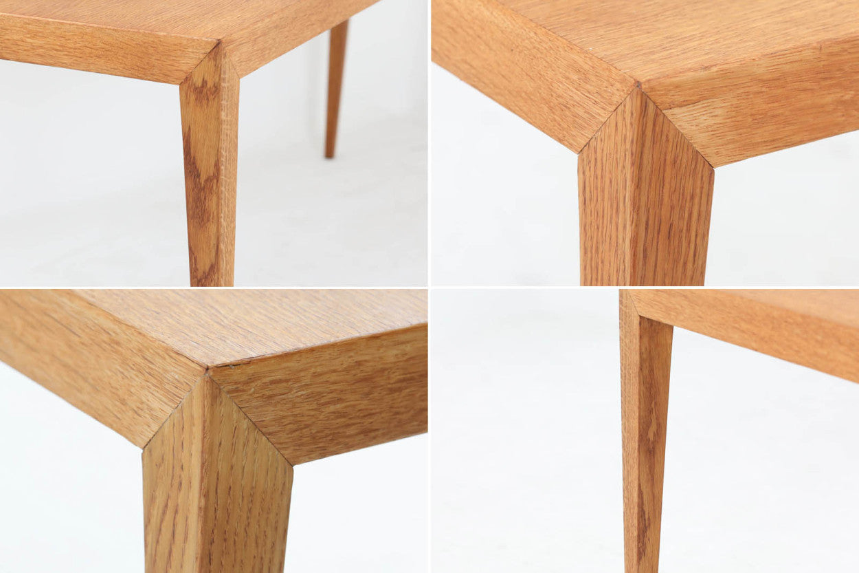 北欧より買い付けたサイドテーブルです。幅が広めの珍しいデザインです。少し小ぶりなセンターテーブルとしてもお使いいただけます。天板と脚の角はトメ加工が施されています。SeverinHansenJr.の代表的なデザインです。オーク材の希少なモデルです。
