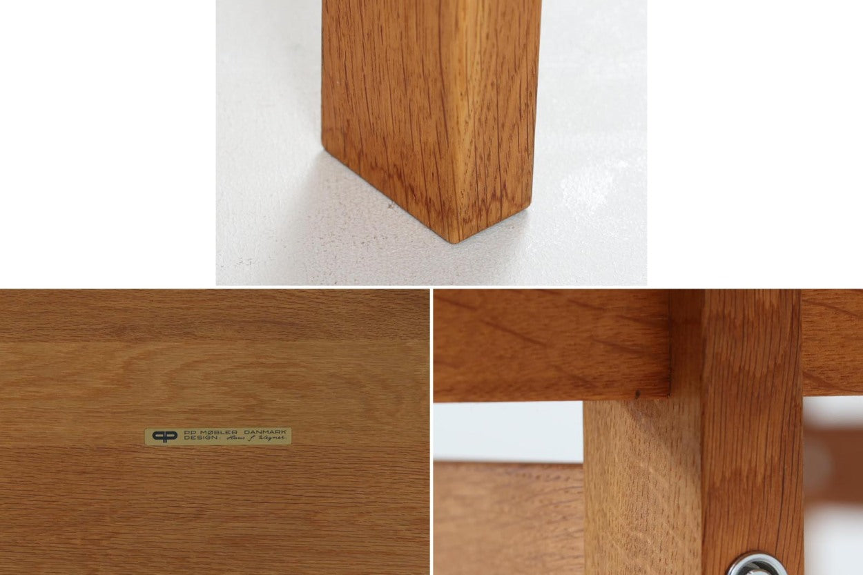 北欧より買い付けました。ウェグナーらしい脚の構造で、元々はAndreasTuck社で販売されていた物がPPmobler社にて販売されたのでは無いかと思われます。天板には綺麗に繋げられたオーク無垢の集成材が使用されており、少々の輪染みが出来ても削れば綺麗な木肌が出てきます。堅牢な造りで永くご使用いただけると思います。