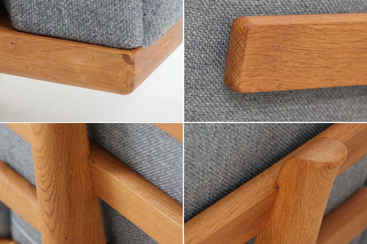 ウェグナーデザインのソファで、人気のGE2363人掛けソファです。後ろから見た姿がとても綺麗なので、あえて壁につけず、背面を見せる配置もお勧めです。クッション内部にスプリングが内包されており座り心地も良好です。GETAmA社の刻印もございます。