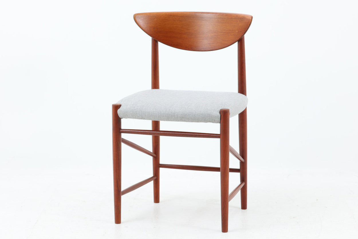 背もたれの曲面、貫の数が特徴的な"PeterHvidt&amp;Orlamolgaard"によってデザインされたチェアです。当時の希少なチーク材が使用されたフレームは、手作りでデンマークの名工"Soborg社"熟練の職人によって作成されています。背もたれの縁は椅子を引きやすい様に、貫の数は強度面も併せ持っています。少し大きめでゆったりとした安楽性の高い座り心地です。デスクチェアとしてはもちろんリビングに置いても素敵だと思います。