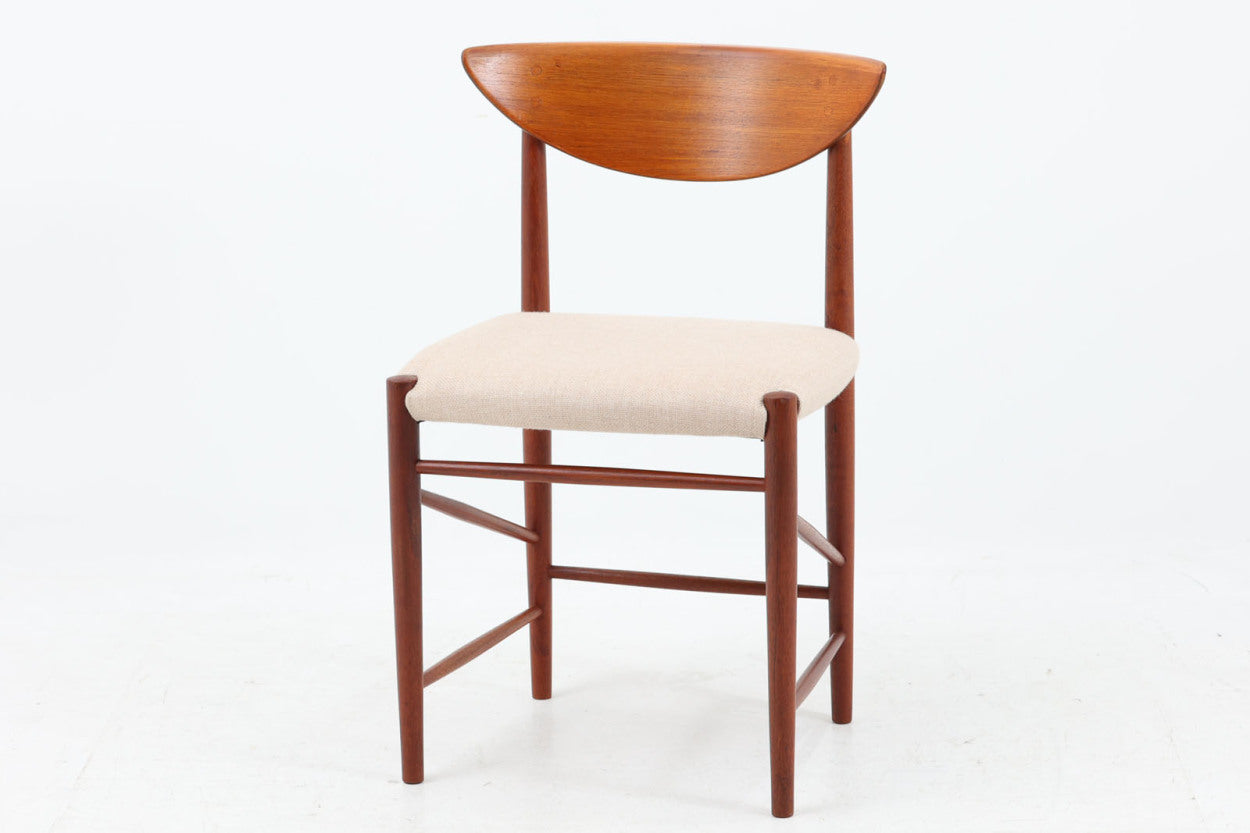 背もたれの曲面、削りだされたアーム、貫の数が特徴的な"PeterHvidt&amp;Orlamolgaard"によってデザインされたチェアです。当時の希少なチーク材が使用されたフレームは、手作りでデンマークの名工"Soborg社"熟練の職人によって作成されています。背もたれの縁は椅子を引きやすい様に、貫の数は強度面も併せ持っています。少し大きめでゆったりとした安楽性の高い座り心地です。デスクチェアとしてはもちろんリビングに置いても素敵だと思います。