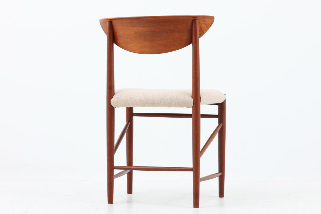 背もたれの曲面、削りだされたアーム、貫の数が特徴的な"PeterHvidt&amp;amp;Orlamolgaard"によってデザインされたチェアです。当時の希少なチーク材が使用されたフレームは、手作りでデンマークの名工"Soborg社"熟練の職人によって作成されています。背もたれの縁は椅子を引きやすい様に、貫の数は強度面も併せ持っています。少し大きめでゆったりとした安楽性の高い座り心地です。デスクチェアとしてはもちろんリビングに置いても素敵だと思います。