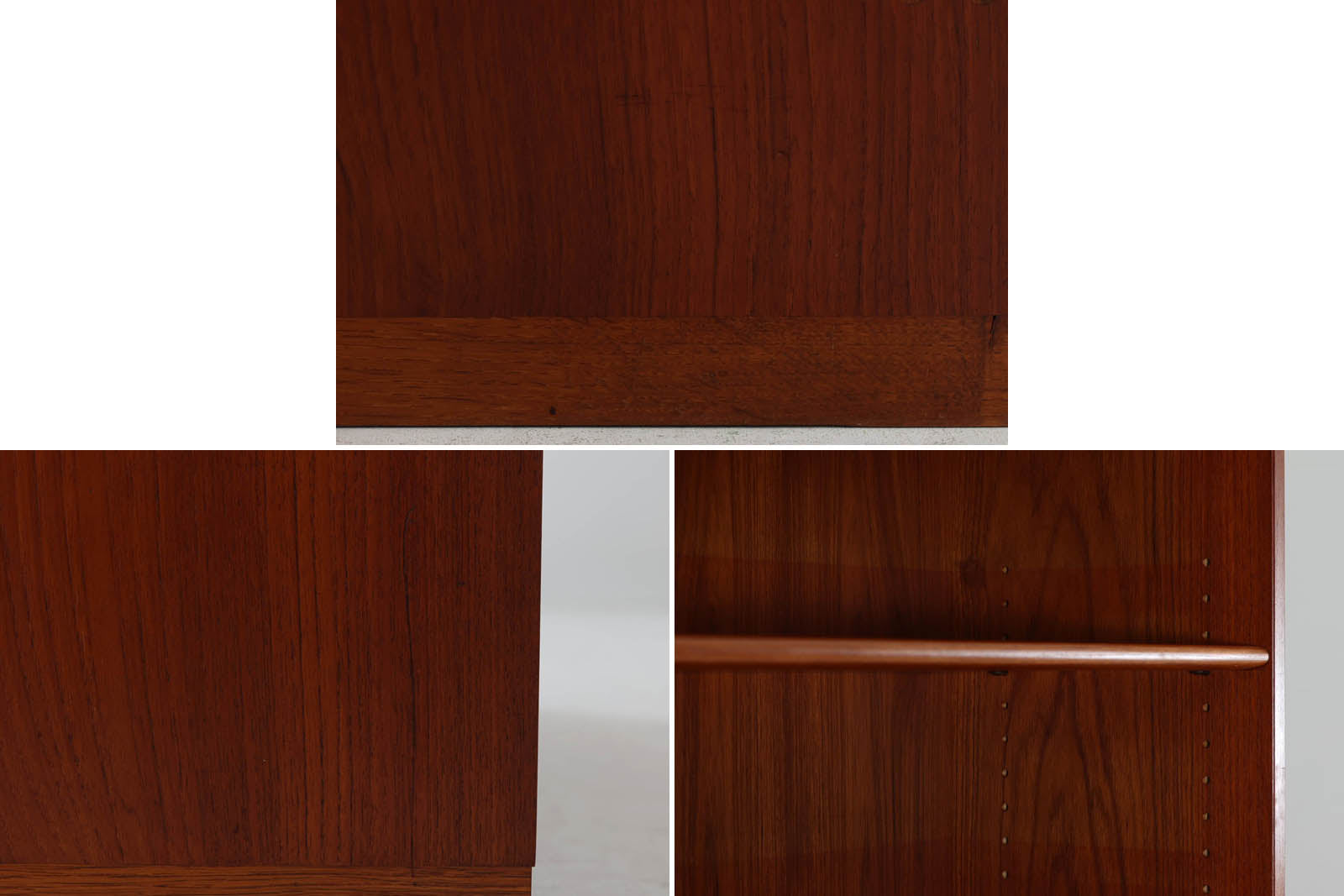 北欧より買い付けたHansJ.Wegnerデザインのブックシェルフです。彼のキャビネット類を数多く手がけたRYmobler社製の本棚です。シンプルなデザインながらも要所要所にウェグナーらしいデザインが施してあり、実用性にも優れている逸品です。本体がチーク材（足摺りのみオーク材）の希少なモデルです。