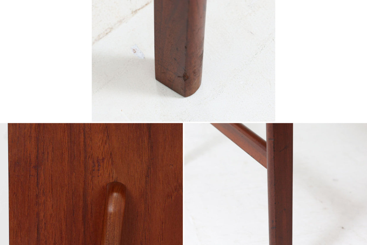 デンマークより買い付けた両袖デスクです。シンプルながらも本体側面にジョイントされた脚がお洒落なデザインです。良質なチーク材が使用されており、デンマーク家具ならではの雰囲気です。バックシェルフがある希少なモデルです。