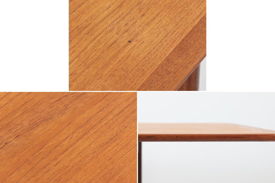 KurtOstervigデザインのダイニングテーブルです。天板は折り畳み式になっており、脚をスライドさせて天板を開くと拡張が出来る珍しいデザインです。良質なチーク材が使用されています。