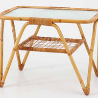デンマーク製　お洒落なガラステーブル/サイドテーブル　籐　北欧家具ビンテージ