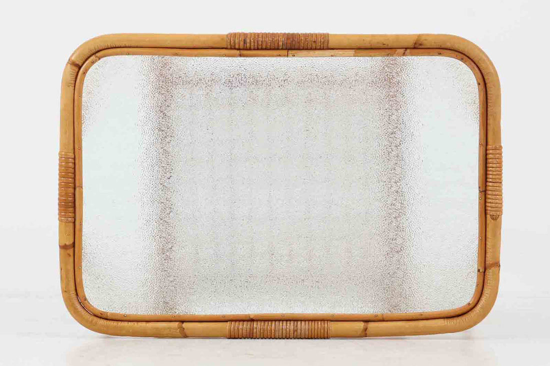 デンマーク製　お洒落なガラステーブル/サイドテーブル　籐　北欧家具ビンテージ
