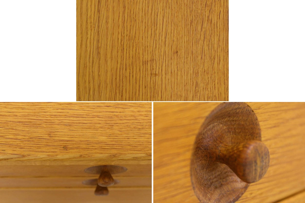 ウェグナーがデザインしたキャビネットを数多く手がけた今は無きRYmobler社のチェストです。熟練の職人によって細かい所も丁寧に作成されており、ビンテージ品でのみ入手可能です。繊細な取手が付属した希少なモデルです。細かい収納が可能で使い勝手も良さそうです。